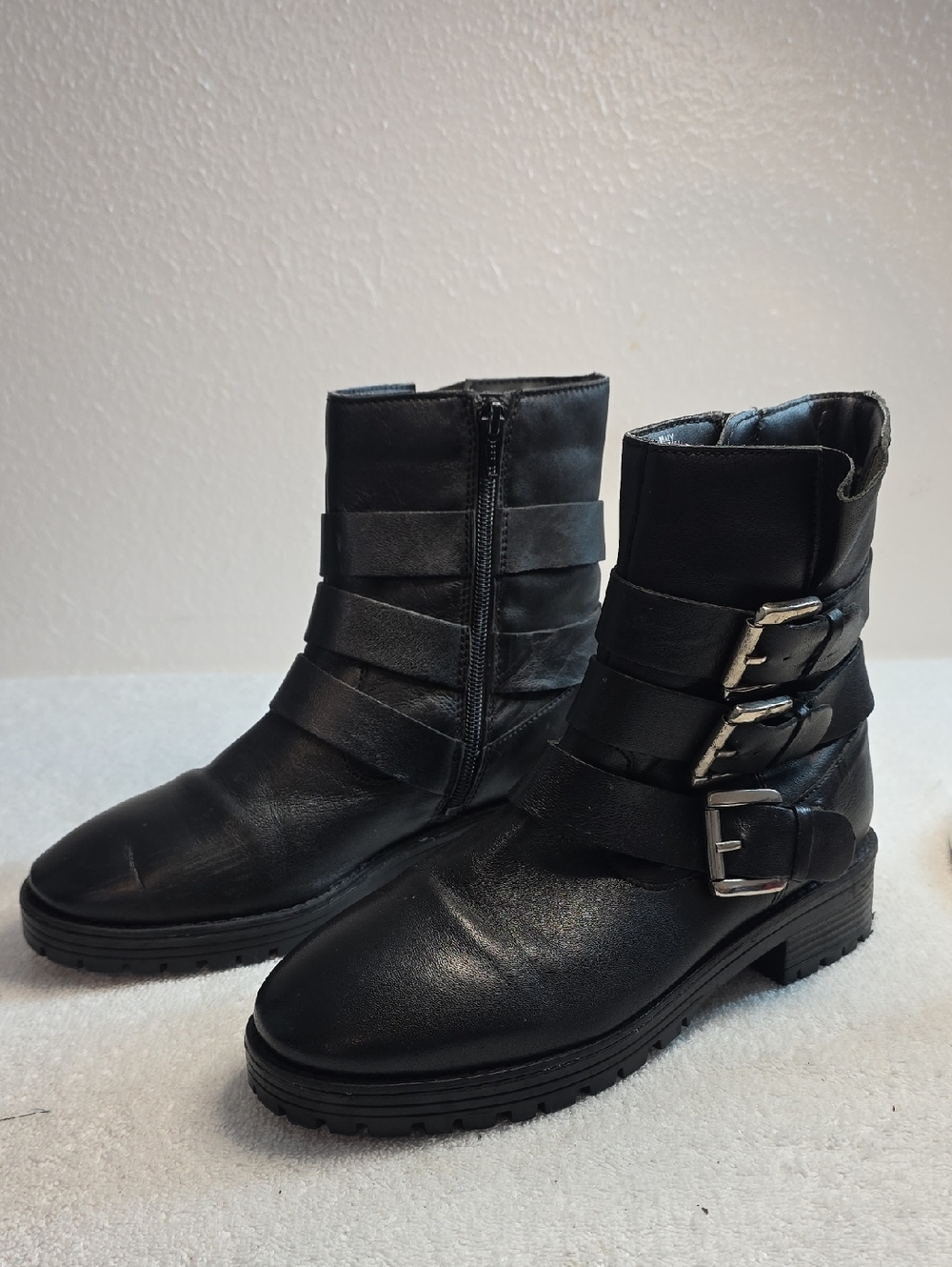 Steve Madden Black Triple Buckle Leather Straps Biker Boots In Guc Ladies 7